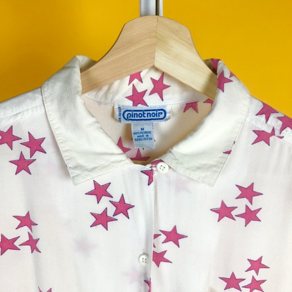 See Thru White Pink Star All Over Print Button-Up - Picture 6 of 6